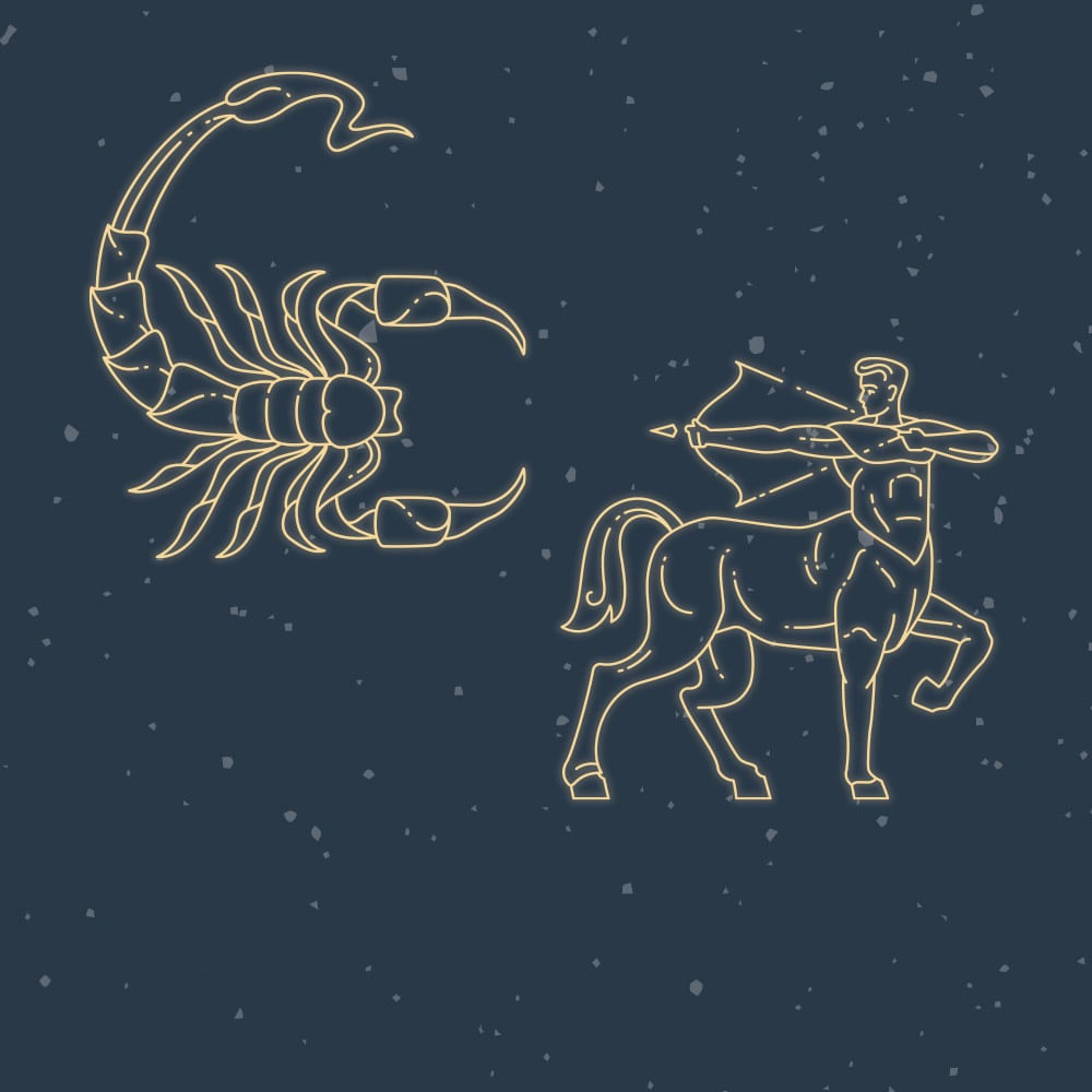 Glowing outlines of a scorpion and a centaur holding a bow, set against a dark starry sky.